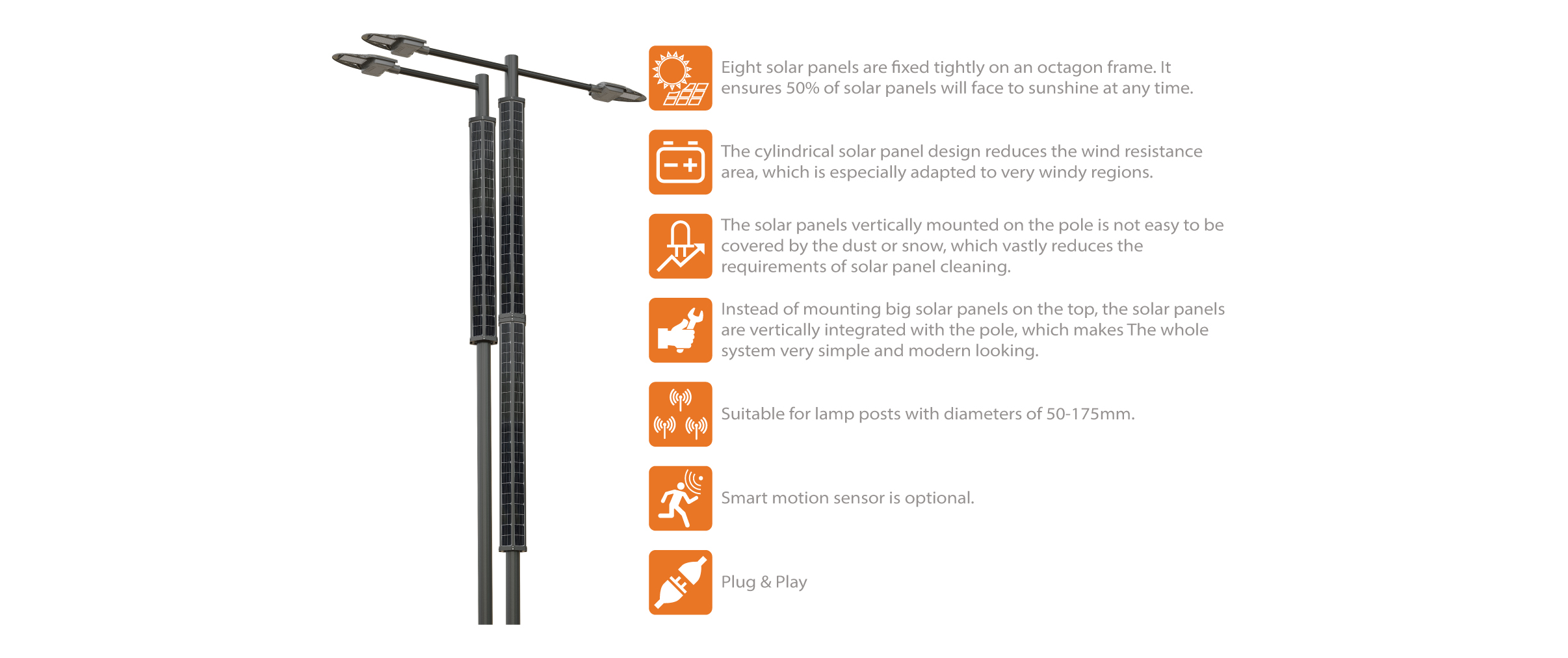 Hexagonal Solar Pole Street Light (30W-50W-100W) Features