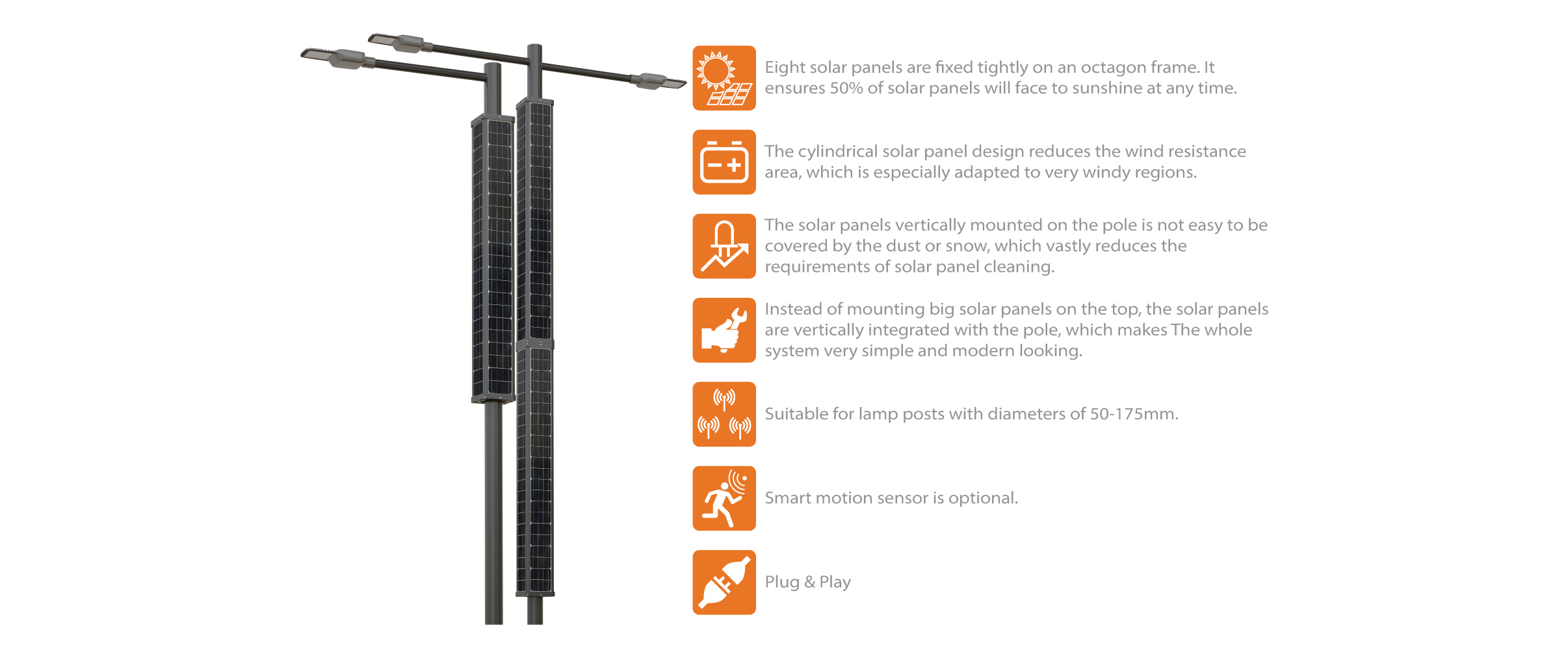 Square Solar Pole Street Light (20W-80W-100W) Features