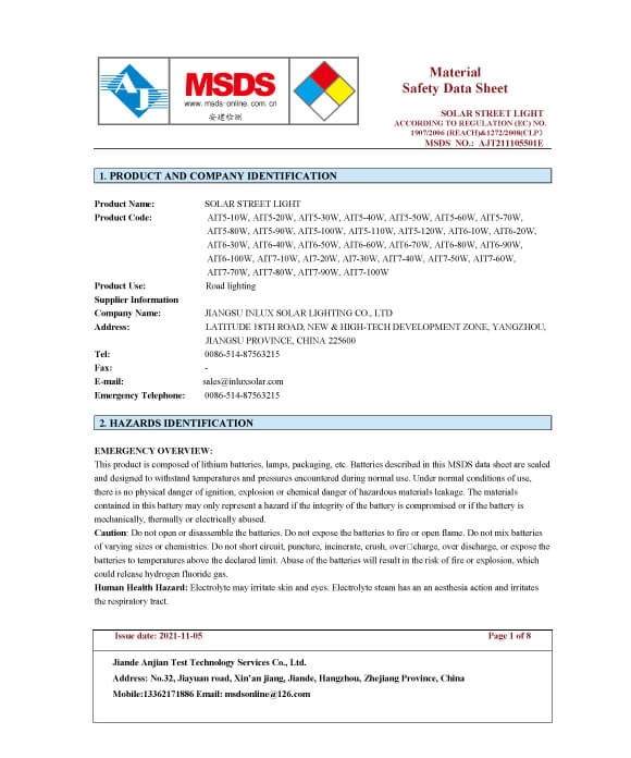 MSDS Certificate- Solar Street Light